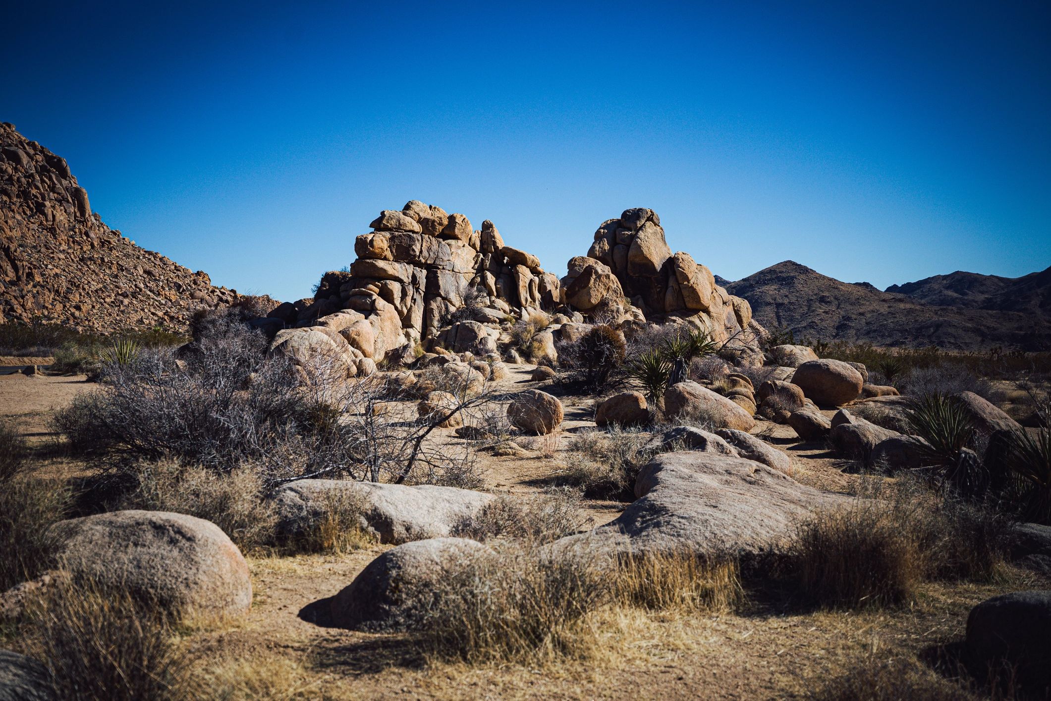 Rugged desert rock formations in Joshua Tree National Park, California