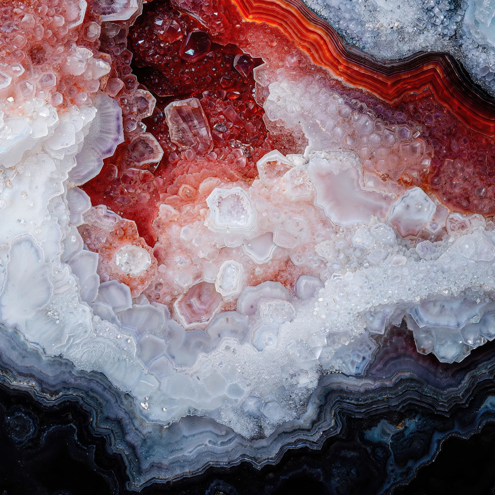 Colorful agate cross-section showing mineral banding