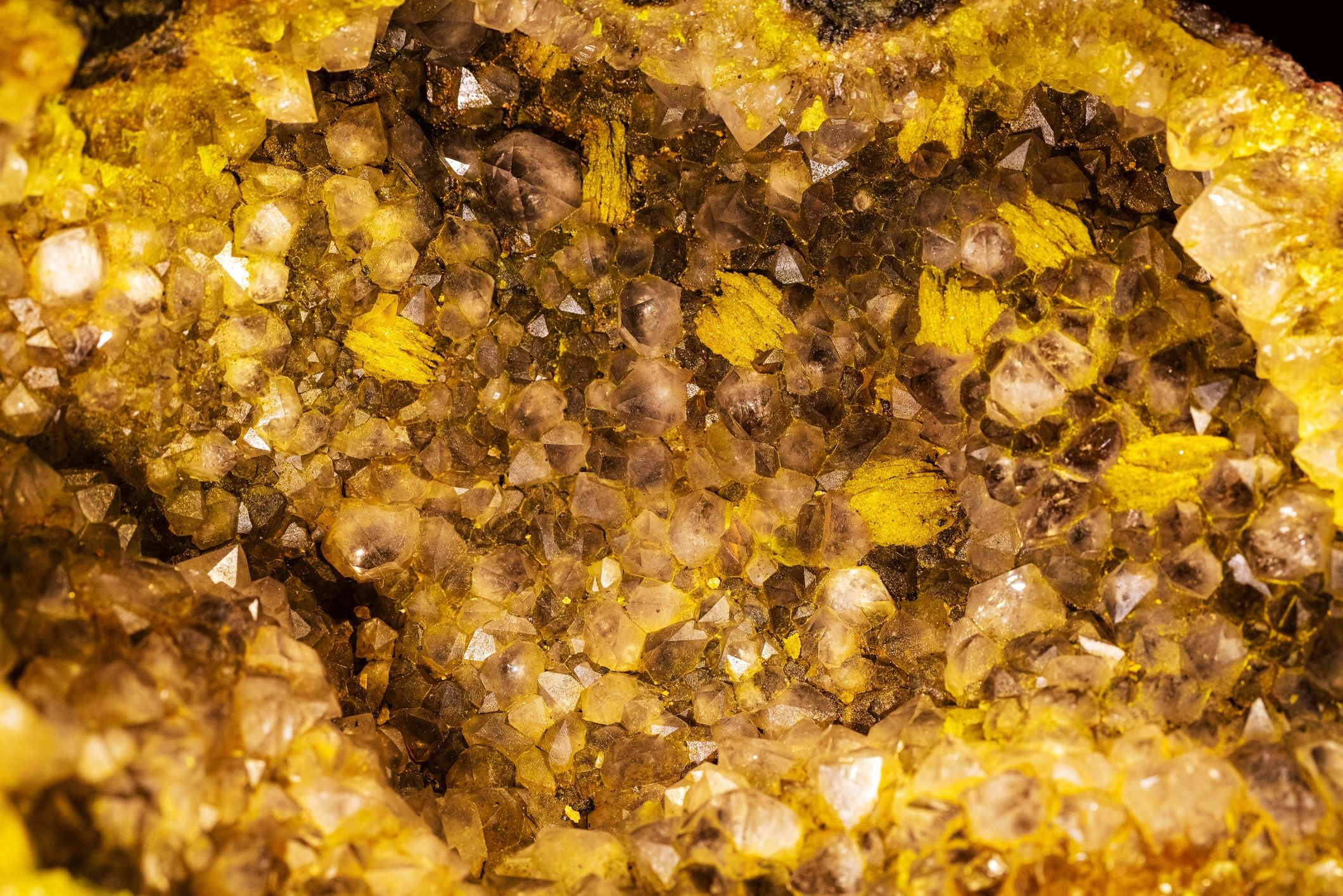 Citrine quartz geode interior with crystal clusters