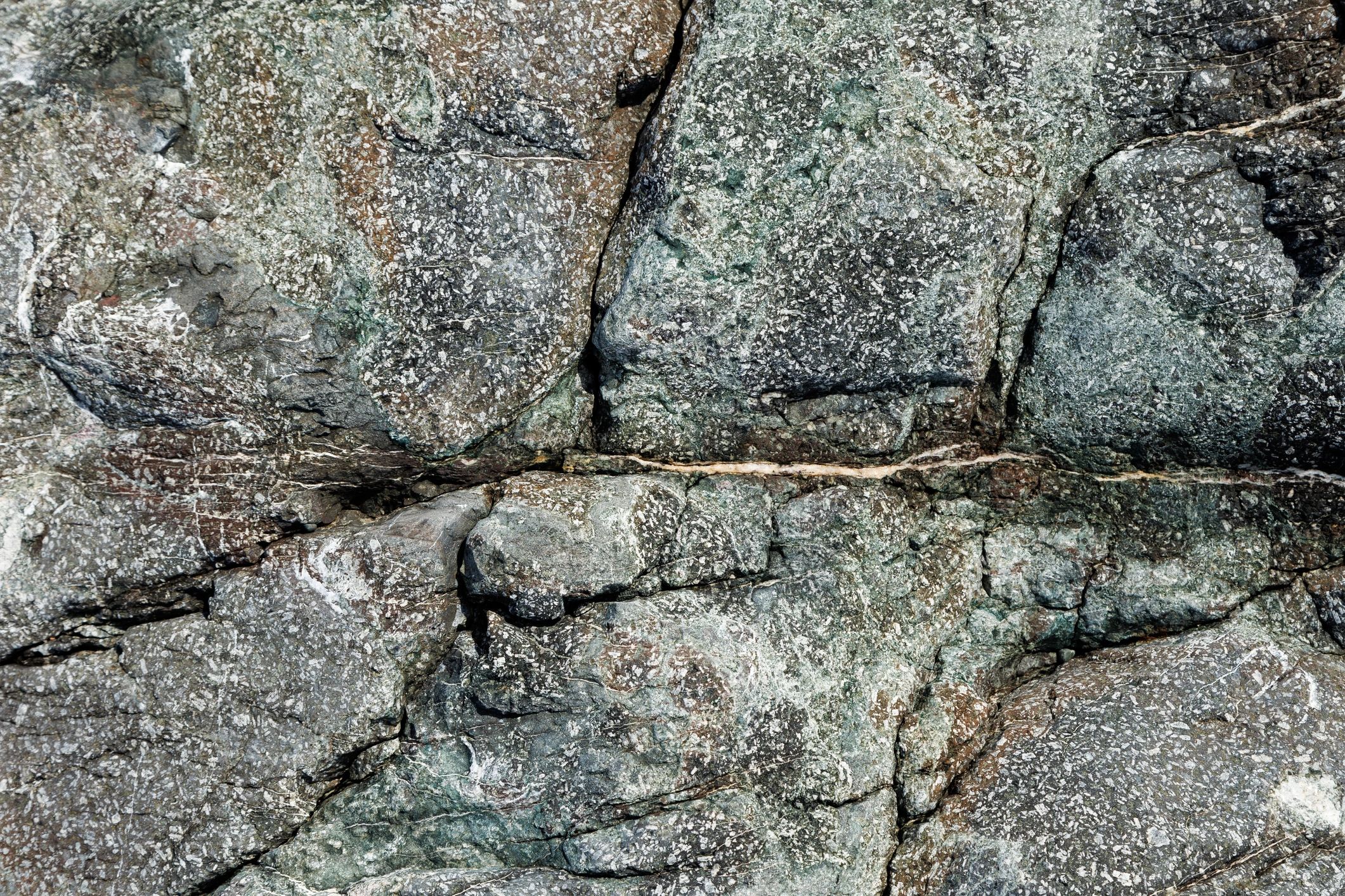 Weathered gray rock surface with lichen and fractures