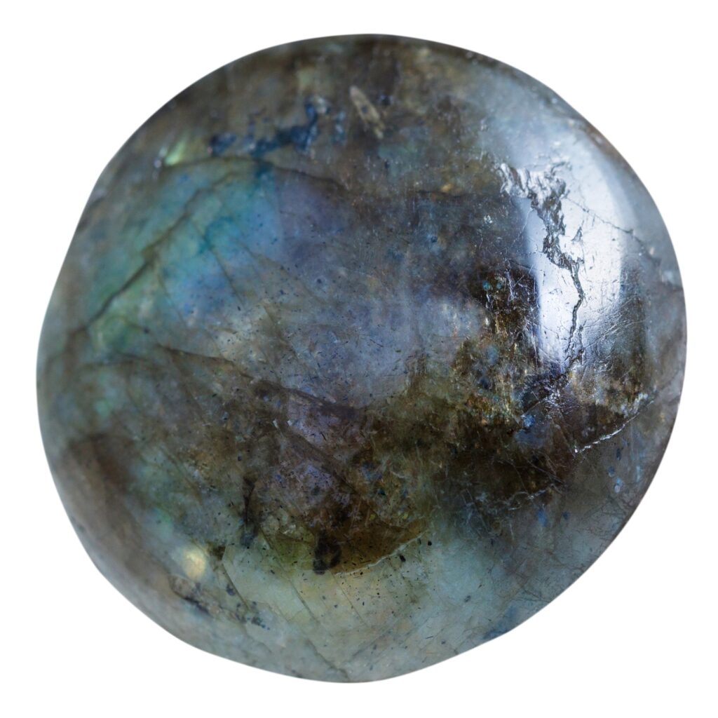 Polished labradorite palm stone (hand-sized) isolated on white background